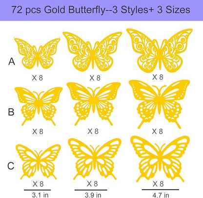 72Pcs 3D Butterfly Wall Decor 3 Sizes 3 Styles, Butterfly Decorations Party Birthday Cake Decoration, Removable Butterfly Wall Stickers for Kids Nursery Wedding Bedroom Room Decor(Gold)