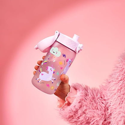Ion8 Small Water Bottle, 350 ml/12 oz, Leak Proof, Easy to Open, Secure Lock, Dishwasher Safe, BPA Free, Carry Handle, Hygienic Flip Cover, Easy Clean, Odor Free, Carbon Neutral, Pink, Unicorn Design