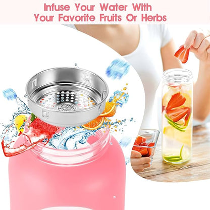 32 oz Glass Water Bottles with Straw - Motivational Glass Water Bottle with Time Marker & Silicone Sleeve - Reusable Glass Tumbler Includes 2 Bamboo Lids & Fruit Infuser - 1 Pack