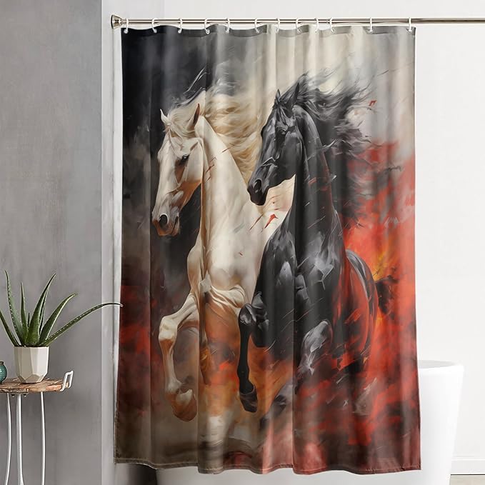 AILONEN 3D Horse Shower Curtain,Black White Galloping Horses Waterproof Fabric Shower Curtains for Bathroom,Farmhouse Animals Bath Curtain Set with Hooks, 72" W*96" H