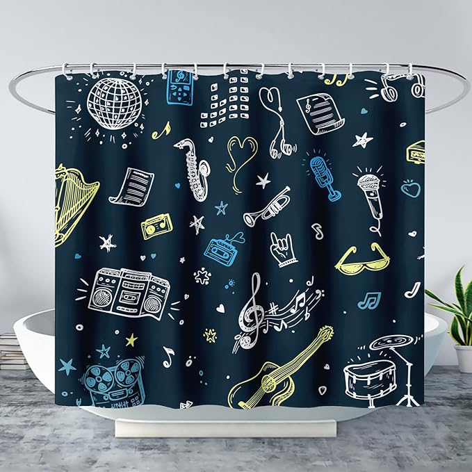 AILONEN Graffiti Note Music Shower Curtain,Hip Hop Music Art Bath Curtain Minimalist Bathroom Curtain 72" W*96" H Polyester Waterproof Bathroom Curtain with 12 Hooks