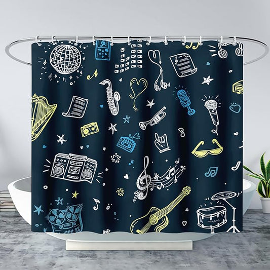 AILONEN Graffiti Note Music Shower Curtain,Hip Hop Music Art Bath Curtain Minimalist Bathroom Curtain 48" W*72" H Polyester Waterproof Bathroom Curtain with 12 Hooks