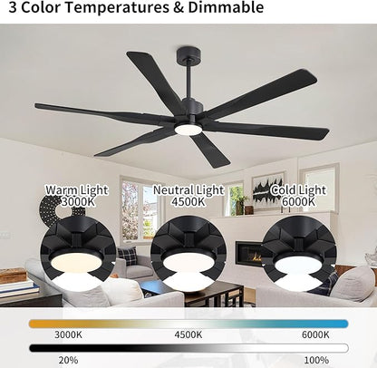 68 Inch Ceiling Fan with Lights and Remote Control, 6 Reversible ABS Blades, 6-Speed Noiseless DC Motor with 4.5" / 12" / 24" Downrods for Bedroom Dining Living Room, Black