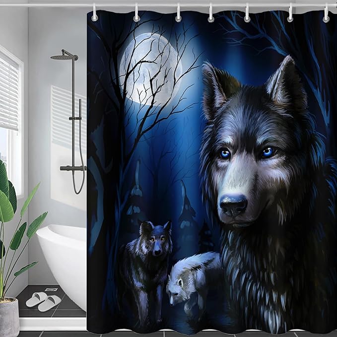AILONEN Cool Wolf Shower Curtain,Evening Moon Wolf Bath Curtain for Bathroom Decor,Polyester Waterproof for Shower,36" W*72" H with Plastic Hooks