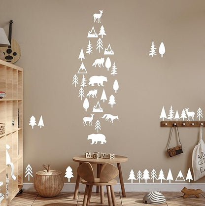 Woodland Animal Wall Decals Vinyl Pine Tree Wall Stickers Forest Animal Wall Stickers Mountain Small Tree Animals Deer Bear Wolf Woodland Wall Decals for Nursery Bedroom Kids Room Decor