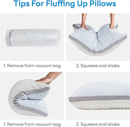Adjustable Shredded Memory Foam Pillows, Cooling Pillows Standard Size Set of 2, Support Yet Soft Pillow Side Back Stomach Sleepers with Washable Removable Ice Silk Cover