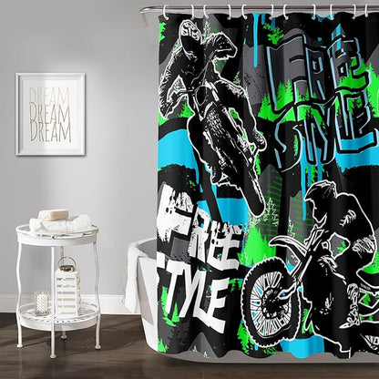 AILONEN Boys Motocross Hip Hop Shower Curtain,Dirt Bike Racer Waterproof Bath Curtain,Motorcycle Sport Curtain for Kids Men,Colorful Cartoon Shower Curtain 72" W x 96" H
