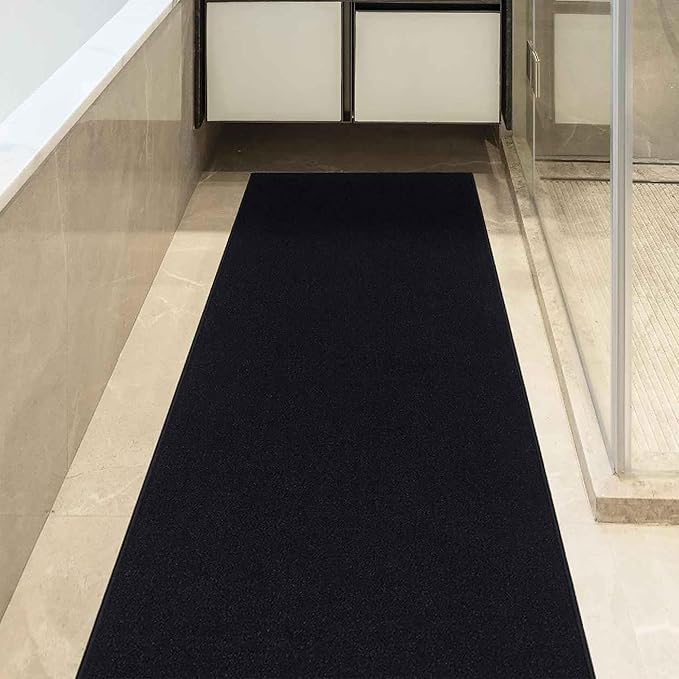 Machine Washable Modern Solid Design Non-Slip Rubberback Traditional Runner Rug for Hallway, Kitchen, Bedroom, Living Room, 2'7" x 12', Solid Black