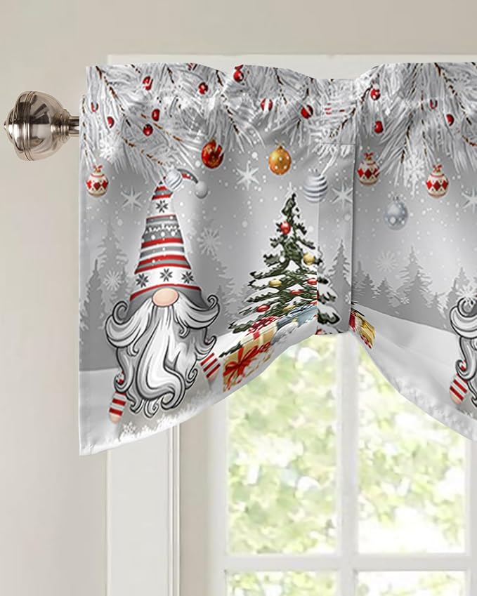 Christmas Gnome Blackout Tie Up Valance Curtains for Kitchen Windows Winter Merry Christmas Tree Balls Window Toppers Balloon Shades for Living Room/Bathroom/Bedroom,1 Panel, 60" X 18", Grey