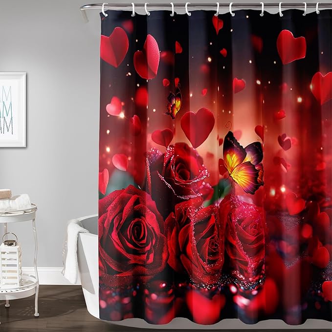 AILONEN 3D Rose Shower Curtain for Bathroom, Red Rose Hearts Print Bath Curtain,Romantic Rose Flower Shower Curtain Decoration Waterproof with 12 Plastic Hooks, 60" W*72" H