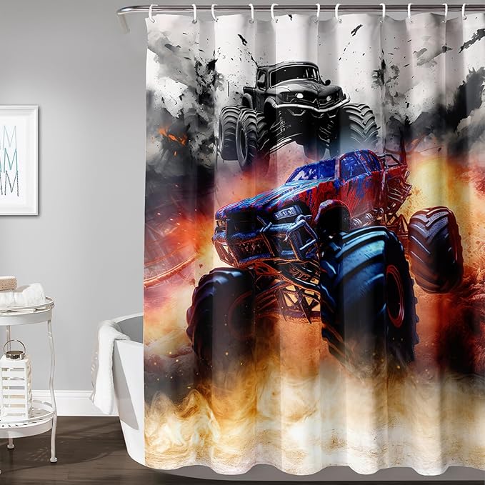 AILONEN Boys Monster Truck Shower Curtain for Bathroom, Watercolor Truck Bath Curtain,Cartoon Truck Shower Curtain for Kids Teen,Waterproof Curtain Bathroom 72" W*78" H Decor with 12 Plastic Hooks