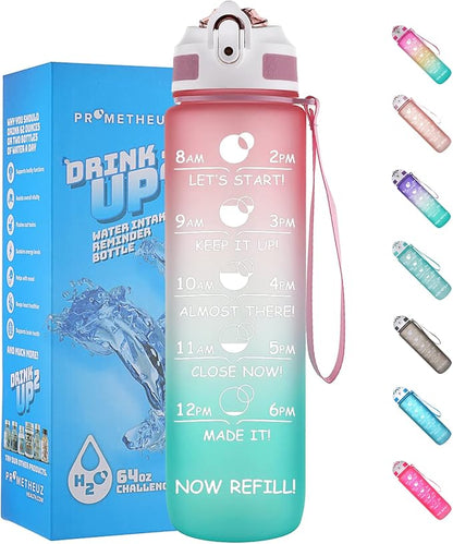 Prometheuz 32oz Water Bottle with Straw, Motivational Water Bottle with Time Marker, Water Bottles Leakproof & BPA-Free for Sports, Work and Fitness Rose Mint