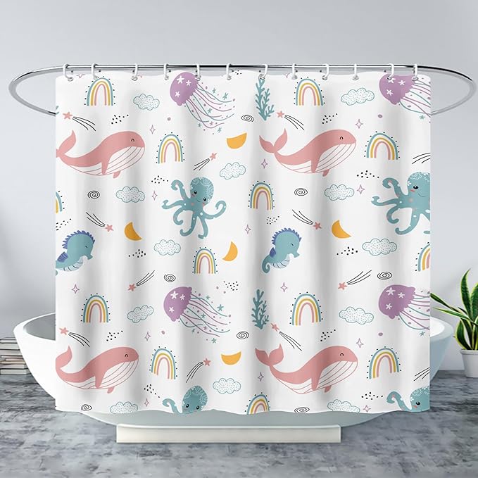 AILONEN Cartoon Dolphin Shower Curtain for Kids 72" W*78" H Inch,Cute Seahorse Rainbow Octopuses Shower Curtain,Ocean Life Theme 12 Pack Hooks Polyester Waterproof Fabric Decor for Bathroom