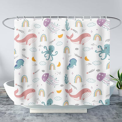 AILONEN Cartoon Dolphin Shower Curtain for Kids 72" W*78" H Inch,Cute Seahorse Rainbow Octopuses Shower Curtain,Ocean Life Theme 12 Pack Hooks Polyester Waterproof Fabric Decor for Bathroom