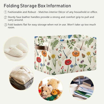 Spring Flowers Herbs Dragonfly Storage Basket Fabric Laundry Baskets Sunflower Lavender Daisy Storage Boxes Organizer Bag for Baby Cloth Dog Toy Book Storage Cubes Shelf Closet Bins 16x12x8 Inches