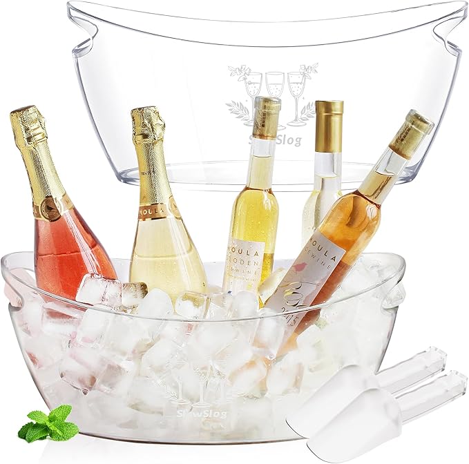 2Pcs 5.5L Ice Buckets for Parties, Acrylic Champagne Bucket, Ice Bucket with Scoop, Plastic Tub for Cocktail Bar, Clear Ice Bucket Beverage Tub for Champagne, Wine, Beer Bottles