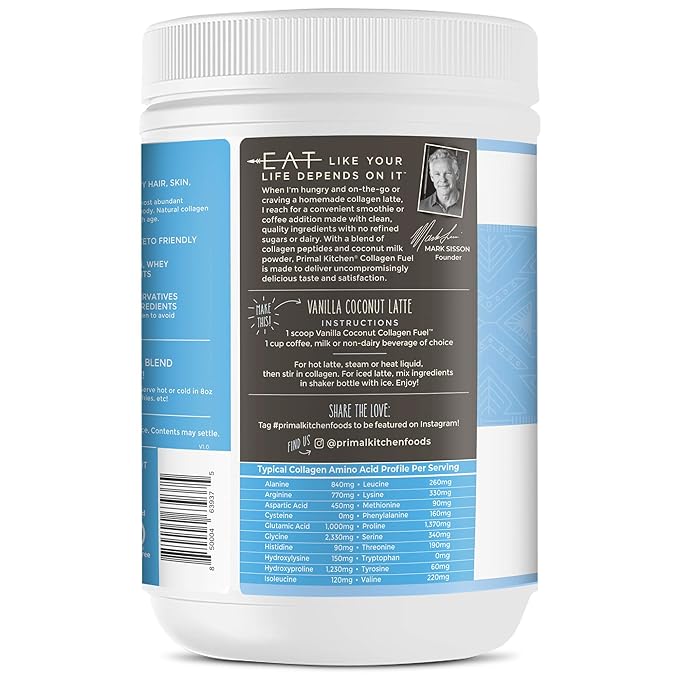 Primal Kitchen Vanilla Collagen Fuel® Drink Mix, Vanilla Coconut Collagen Peptides, No Sugar or Dairy, 20 Ounces