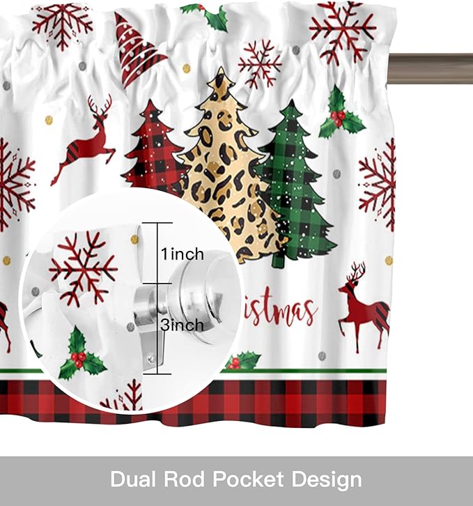 Merry Christmas Kitchen Curtains Valances for Windows Farm Christmas Tree Buffalo Plaid Leopard Rod Pocket Window Treatment for Kitchen/Living Room/Bedroom/Bathroom,42" X 18" -1 Panel, Holiday Decor