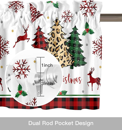 Merry Christmas Kitchen Curtains Valances for Windows Farm Christmas Tree Buffalo Plaid Leopard Rod Pocket Window Treatment for Kitchen/Living Room/Bedroom/Bathroom,42" X 12" -1 Panel, Holiday Decor