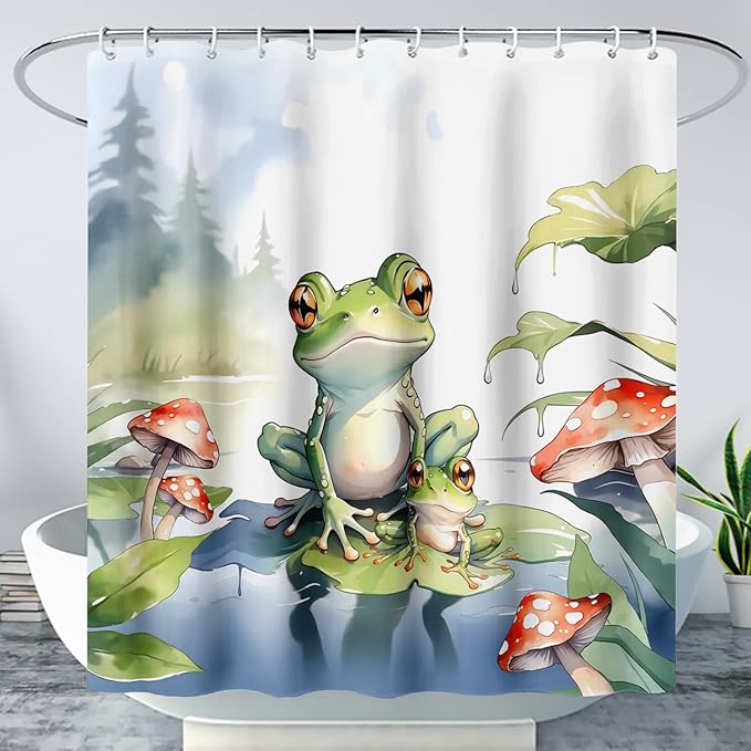 AILONEN Cartoon Frog Shower Curtain,Cute Green Frog Amphibious Animal Waterproof Fabric Bath Curtain for Kids Girls Boys,Red Mushroom Shower Curtain Set for Bathroom with Hooks,60" W*72" H