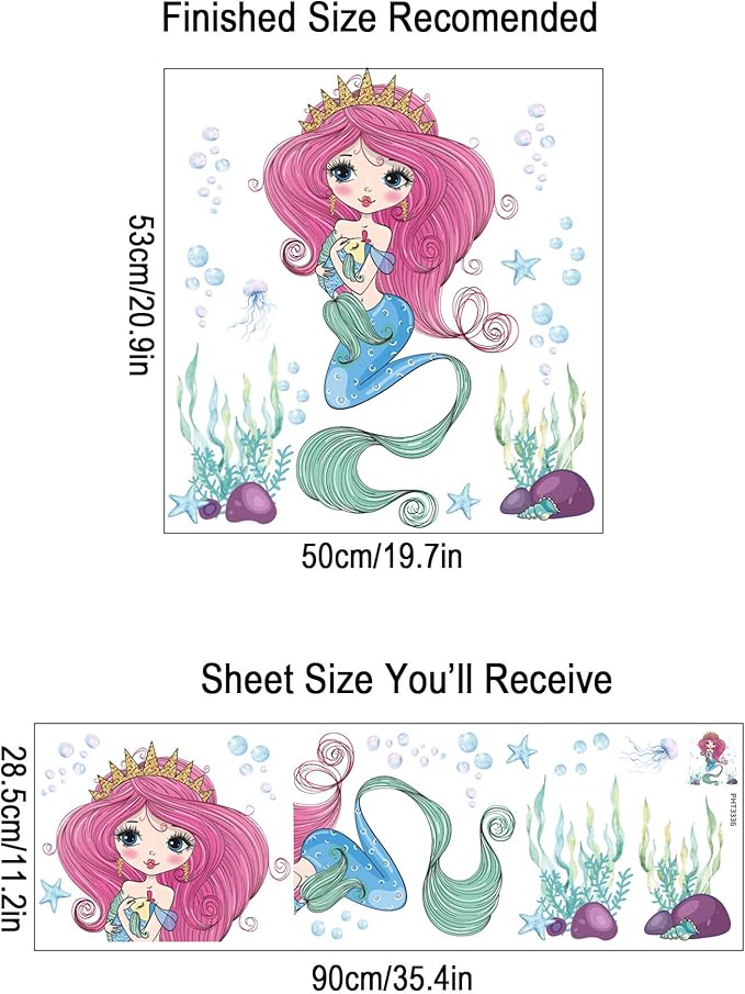 Mermaid Wall Decal for Girls Room, Princess Room Decor, Under The Sea Decorations, Ariel Little Mermaid Stickers, Vinyl Kids Wall Murals Peel and Stick for Bedroom Bathroom Nursery Living Room