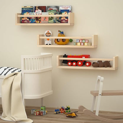 Nursery Floating Shelves for Kids Room, Set of 3 Wall Book Shelves for Kitchen Living Room, Book Shelf Wall Mounted for Baby Kids Bedoom Bathroom (Nature, 24inch Set 3)