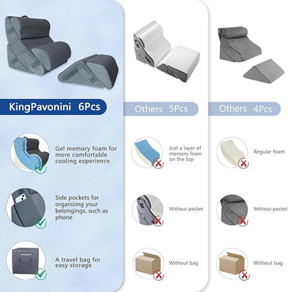 6PCS XL Orthopedic Bed Wedge Pillow for Sleeping, Gel Memory Foam Post Surgery Pillow Set for Back, Neck, Leg Support, Acid Reflux, Gerd, Anti Snoring, with Washable Cover & Travel Bag (Gray, 24'' W)