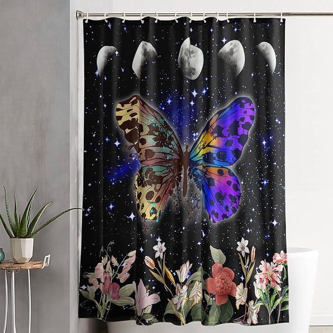 AILONEN Colorful Moth Shower Curtain,Sun and Moon Shower Curtain Set for Kids Girls Boys,Boho Natural Flowers Bath Curtain,Starry Night Bathroom Decor Shower Curtain with 12 Hooks,36" W*72" H