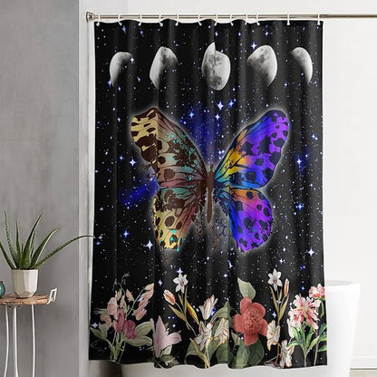 AILONEN Colorful Moth Shower Curtain,Sun and Moon Shower Curtain Set for Kids Girls Boys,Boho Natural Flowers Bath Curtain,Starry Night Bathroom Decor Shower Curtain with 12 Hooks,72" W*78" H