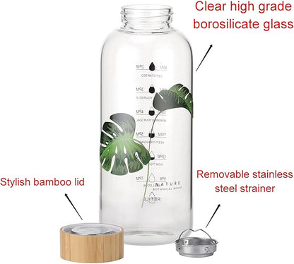 50 Oz Glass Water Bottle Wide Mouth with Time Markers, Bamboo Lid, Neoprene Sleeve Bpa Free