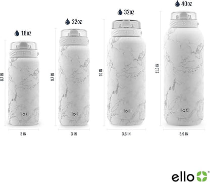 Ello Cooper 22oz Stainless Steel Water Bottle with Straw and Carry Handle, Double Walled and Vacuum Insulated Metal, Leak Proof Locking Lid with Soft Silicone Spout, Reusable, BPA Free, White Marble
