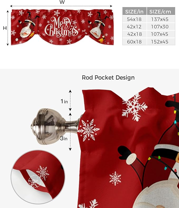 Red Merry Christmas Blackout Tie Up Valance Curtains for Kitchen Windows Funny Hanging Santa Window Toppers Balloon Shades for Living Room/Bathroom/Bedroom,1 Panel, 54" X 18", Snow Winter Holiday