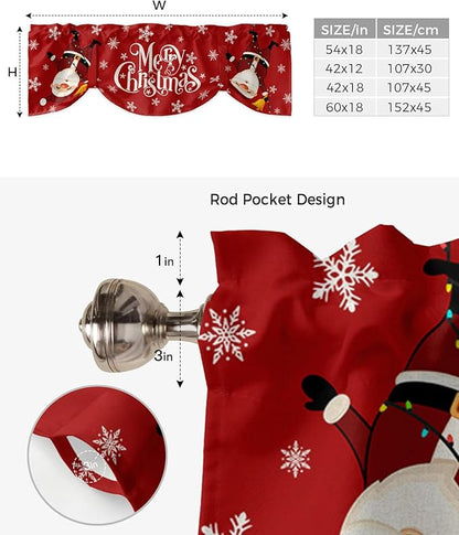 Red Merry Christmas Blackout Tie Up Valance Curtains for Kitchen Windows Funny Hanging Santa Window Toppers Balloon Shades for Living Room/Bathroom/Bedroom,1 Panel, 54" X 18", Snow Winter Holiday