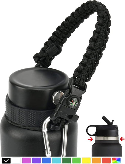 2.0 Paracord Handle for Hydroflask 2.0 Wide & Standard Mouth Water Bottles Carrier with New Ring & Carabiner 12oz, 16oz, 18oz, 20oz, 32oz, 40oz, 64oz (32 oz-40 oz Wide Mouth)