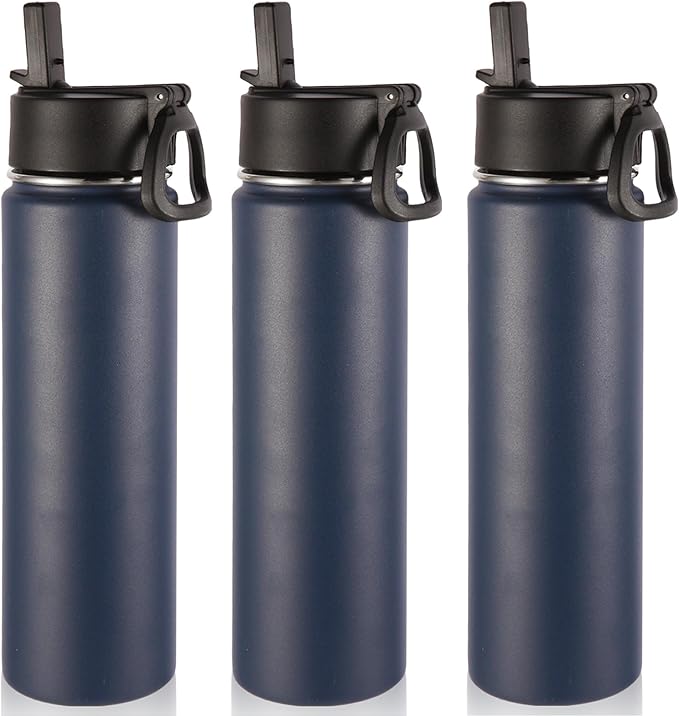 Volhoply 24oz Insulated Water Bottle With Straw Bulk 3 Pack,Metal Wide Mouth Water Bottles With Handle Lid Keep Cold,Reusable Double Wall Thermos,Powder Coated Sport Bottle For Holder(Navy,3 Count)