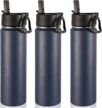 Volhoply 24oz Insulated Water Bottle With Straw Bulk 3 Pack,Metal Wide Mouth Water Bottles With Handle Lid Keep Cold,Reusable Double Wall Thermos,Powder Coated Sport Bottle For Holder(Navy,3 Count)