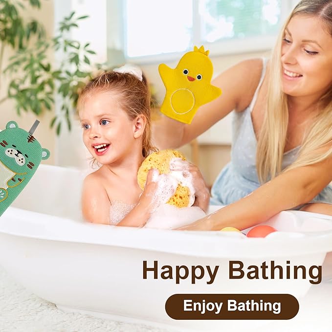 4 Pcs Children Bath Mitt Washcloths Gloves Kids Body Scrubber for Bathing with Cute Animal Shape, Wash Cloths for Babies, Bath Sponge for Kids & Toddler & Adults(Cute Tiger, Eagle, Duckling, Chicken)