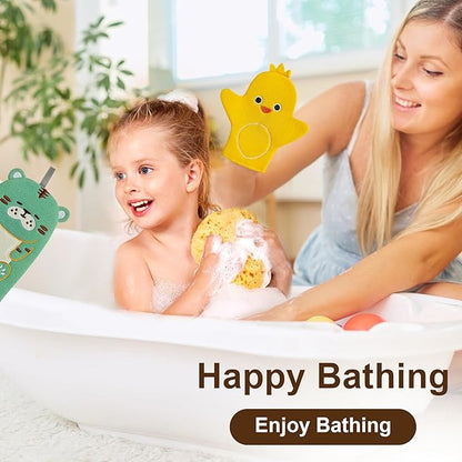 4 Pcs Children Bath Mitt Washcloths Gloves Kids Body Scrubber for Bathing with Cute Animal Shape, Wash Cloths for Babies, Bath Sponge for Kids & Toddler & Adults(Cute Tiger, Eagle, Duckling, Chicken)