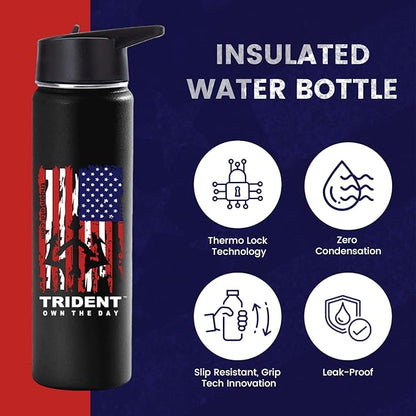 American Flag Water Bottle, 21 oz Insulated Water Bottle, Reusable Water Bottle with Straw, Leak Proof Water Bottles, Thermos Water Bottle - Retired Navy Combat Vet Small Business (Black, 21 Oz)