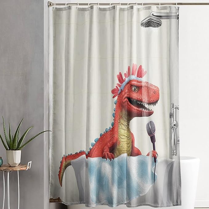AILONEN Cartoon Dinosaur Shower Curtain for Kids Boys,Funny Singing Dinosaur Waterproof Fabric Shower Curtain for Bathroom,Lovely Red Dinosaur Shower Curtain Set with Hooks,48" W*72" H
