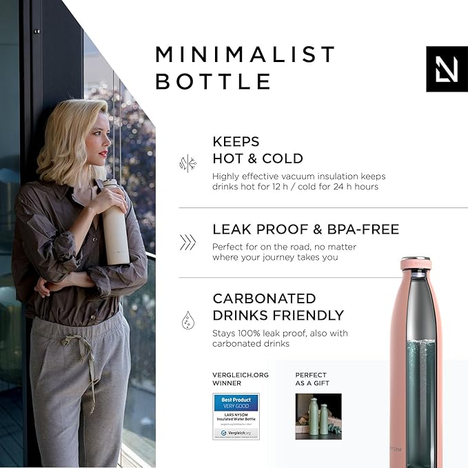 LARS NYSØM Stainless Steel Insulated Water Bottle 12oz 17oz 25oz 34oz 51oz | BPA-free Insulated Thermo Flask for Hot and Cold Beverages | Leakproof Drinking Bottle (Nude, 34oz)