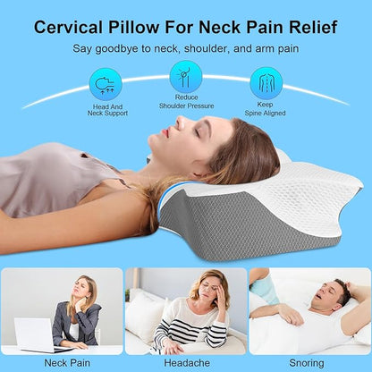 Anvo Ergonomic Pillows for Pain Relief Sleeping - Cervical Pillow for Neck Pain Relief - Memory Foam Pillows for Neck and Shoulder Pain - Neck Pillow for Side Back & Stomach Sleeper - Ivory Soft