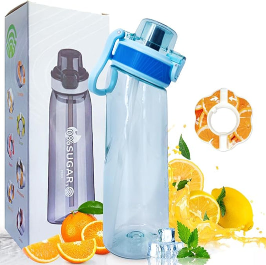 Air Water Bottle, (24oz) Air Water Bottle with Flavor Pods, Leak Proof Scented Water Bottle with Large Portable Handle, 0 Suger No BPA for Gym, Outdoors, Schools (Blue Tilted Head)
