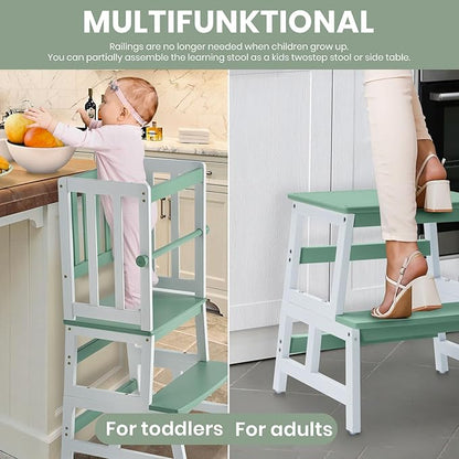 COSYLAND Kids Kitchen Step Stool, Toddler Standing Tower with CPC & FSC Certification, Removable Anti-Drop Railing Safety Rail Enjoys Unique Patented Design A Anti-tip Stable Structure Green & White