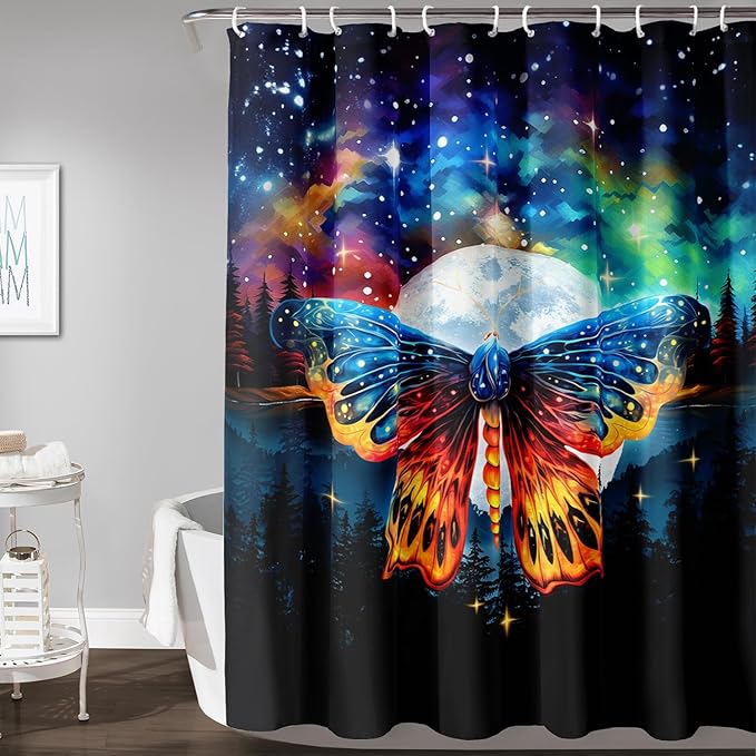 AILONEN Colorful Moth Shower Curtain,Galaxy Moon Moth Bath Curtain for Bathroom Decor,Polyester Waterproof with 12 Plastic Hooks 48" W*72" H