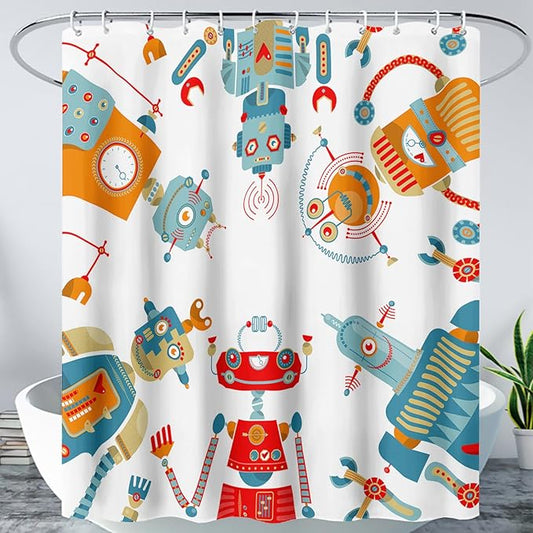 AILONEN Kawaii Robots Shower Curtain,Cartoon Robot Waterproof Fabric Shower Curtain Set for Boys Teens Kids, 48" W*72" H Watercolor Robot Bathroom Decors