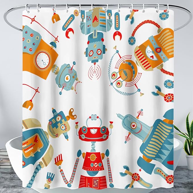 AILONEN Kawaii Robots Shower Curtain,Cartoon Robot Waterproof Fabric Shower Curtain Set for Boys Teens Kids, 72" W*84" H Watercolor Robot Bathroom Decors
