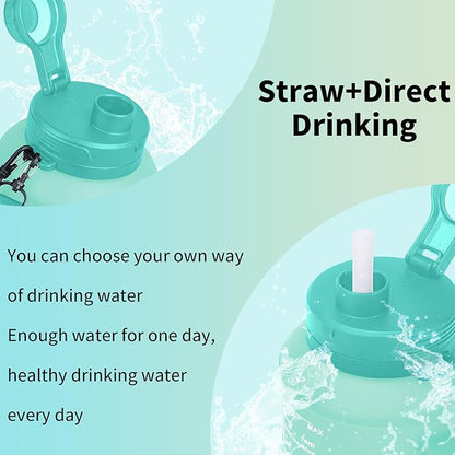 Collapsible 64oz Water Bottle with Handle & Straw - Spill-Proof Foldable Silicone Bottle for Men/Women (Cyan Color, 2L)