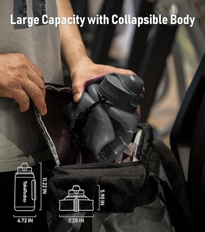 68 oz Collapsible Water Bottles with Straw, Half Gallon Water Bottle with Motivational Time Marker, Large Reusable Silicone Water Jug with Paracord Handle for Sports, Outdoors (Black)