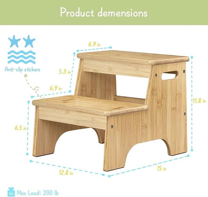 Forbena Wooden 2 Step Stool for Toddlers, Heavy Duty Kids Step Stool for Bathroom Sink Kitchen Counter, Bamboo Wood Non-Slip Kid Children Potty Stepping Stool Seat with Handles for Toilet Bed